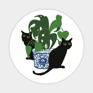 Black cats with potted plant Magnet